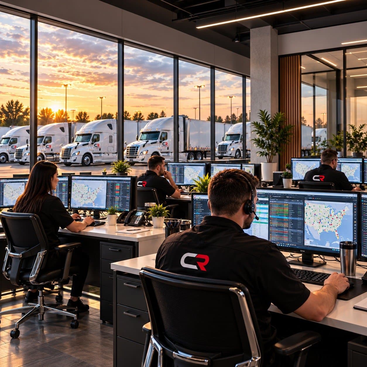 Express CR dispatchers with headsets at multi-screen load maps, the truck fleet parked outside the windows