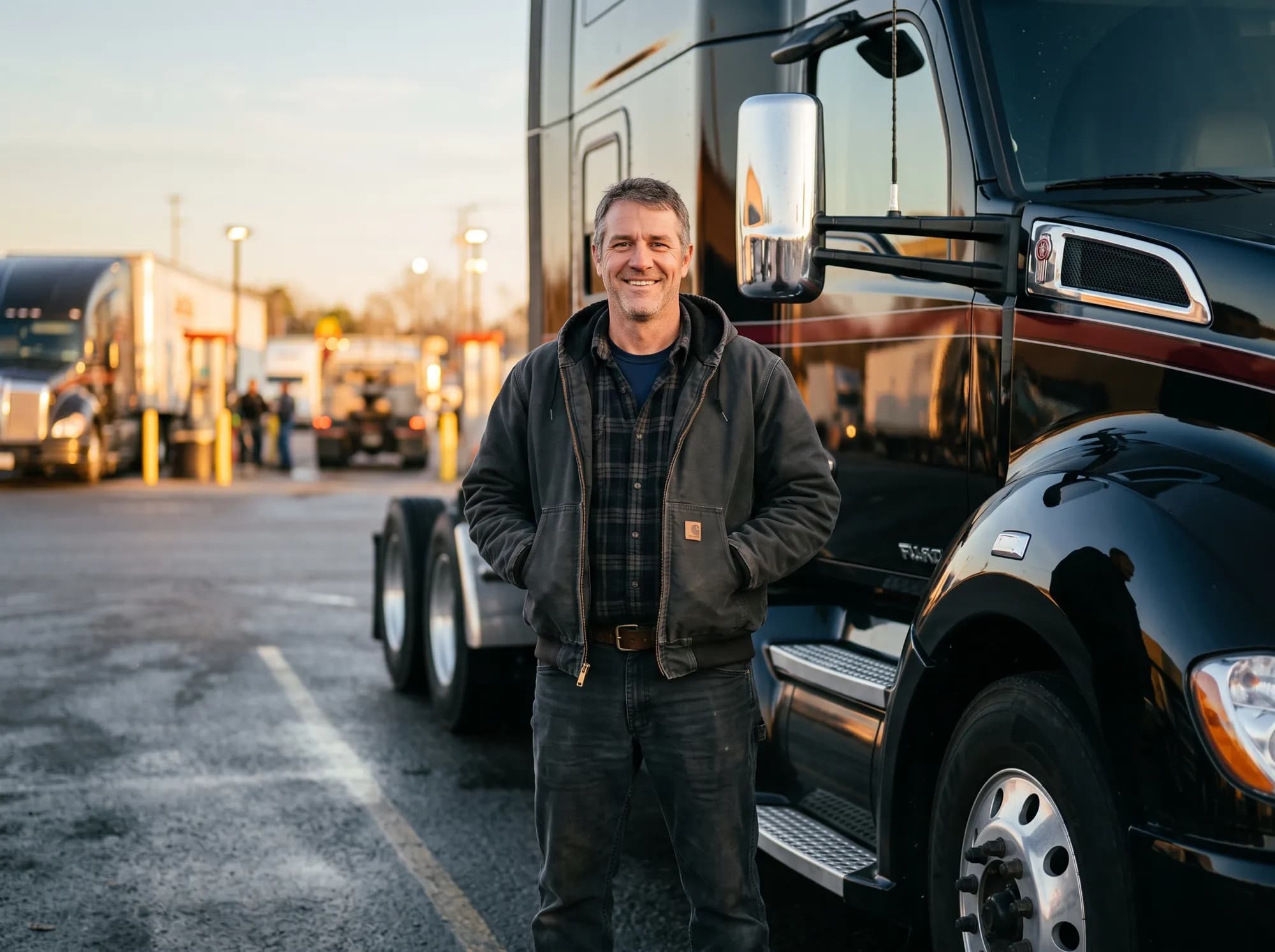 Smiling truck driver standing next to his semi truck at a truck stop